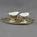 Conjunto de Leiteira, açucareiro e Bandeja em Metal prateado e esmalte