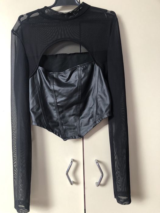 Damska siateczkowa bluzka przezroczysta seksowna dekolt skóra M/L