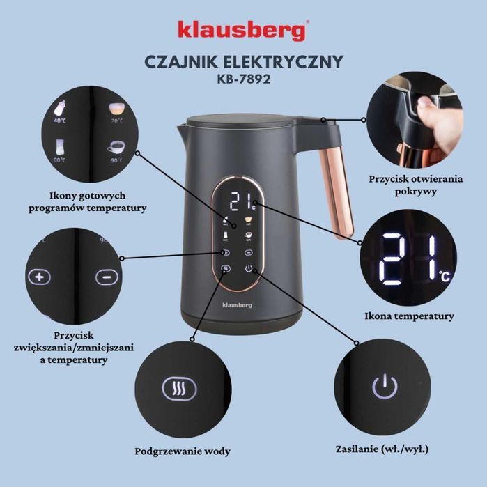 Czajnik Elektryczny 1,7L Klausberg Kb-7892 Led Regulacja Temperatury