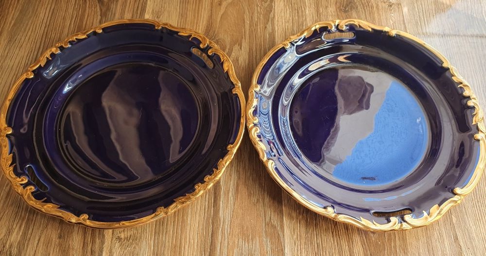Dwie patery Tułowice kobaltowe ze złoceniami
