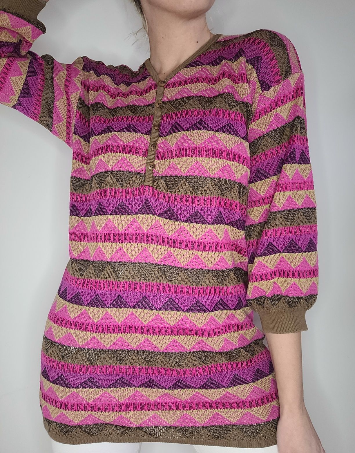 Kolorowy ażurowy sweter oversize malina Wang unikat vintage