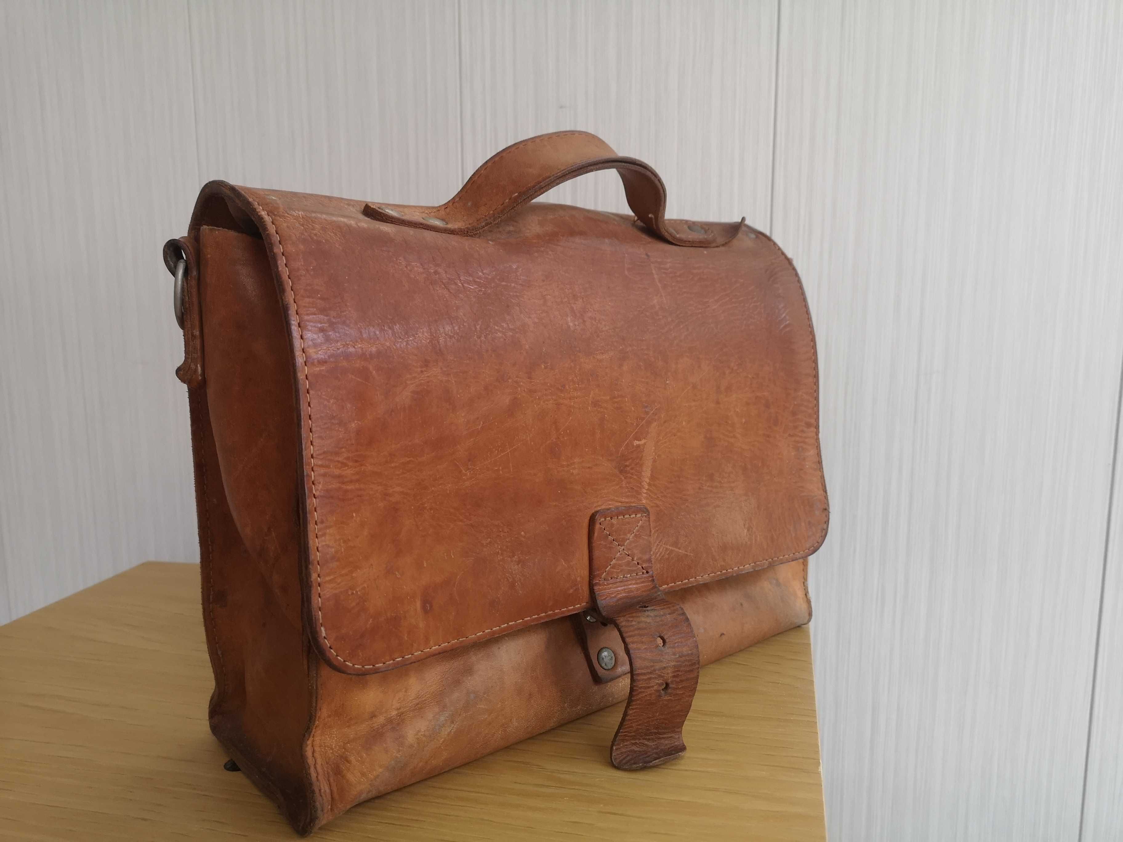 torba aktówka skórzana skóra A4 vintage lata 60 - 70 brązowa 35x30x12