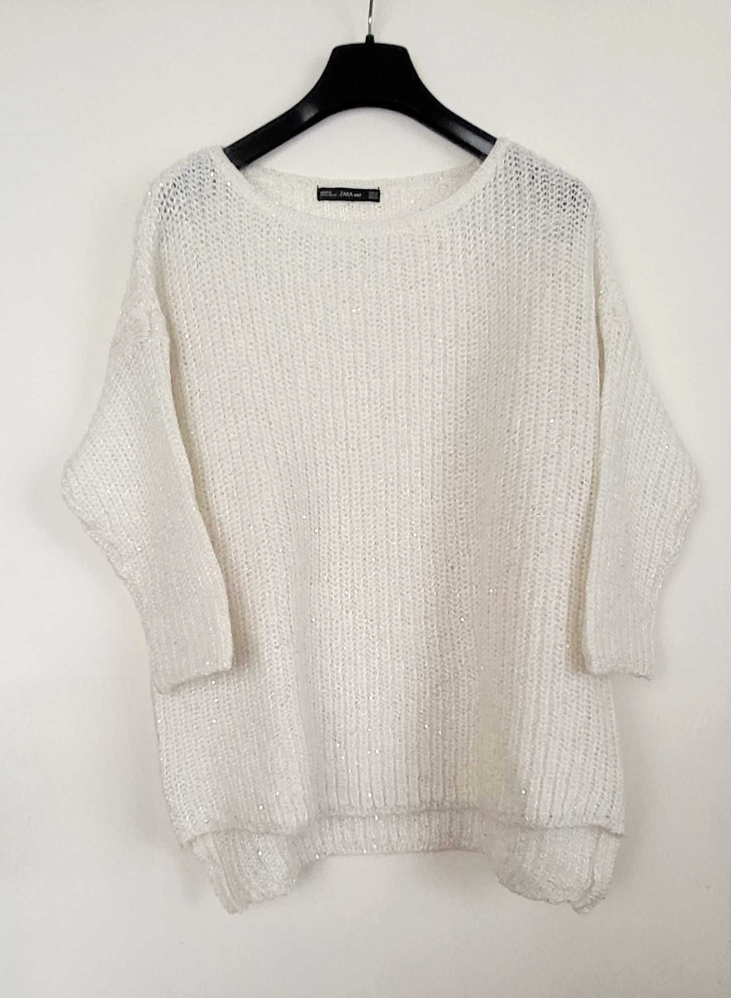 Zara uroczy sweter ecru z delikatnymi cekinami XS/S