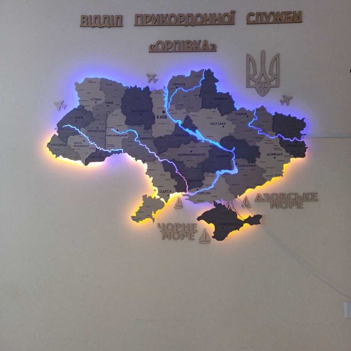 Дерев'яна мапа України з підсвіткою річки карта Украины с подсветкой