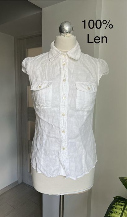 Biała lniana koszula z krótkim tękawem 100% len M/L