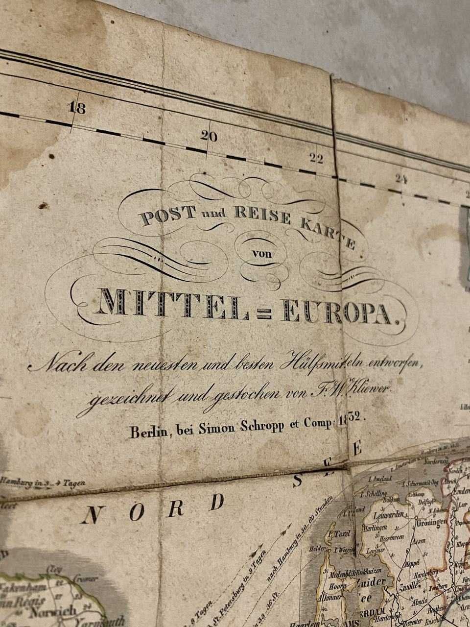 Mapa Europy 1832 r. oryginał na płótnie Berlin Simon Schropp et Comp.