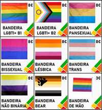 Bandeiras LGBT, pulseiras, pins, sacos, suspensórios