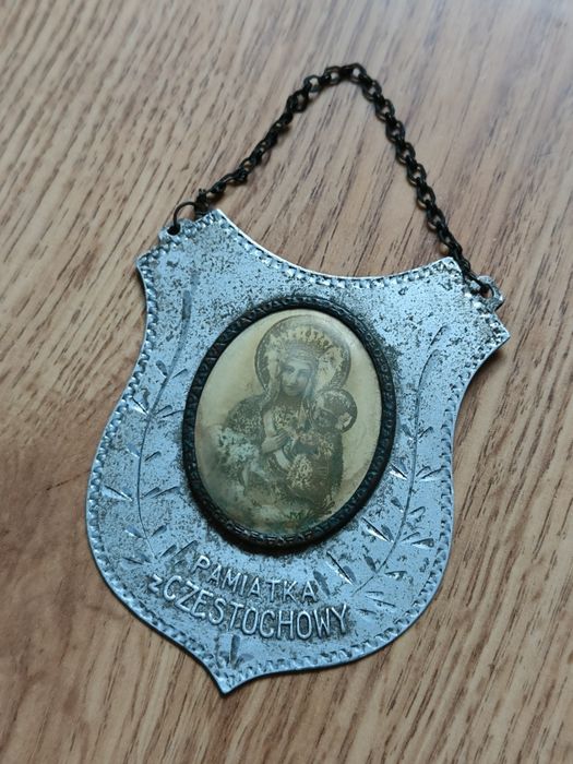 Stary Antyczny Ryngraf Święty Art Deco Vintage Pamiątka z Częstochowy