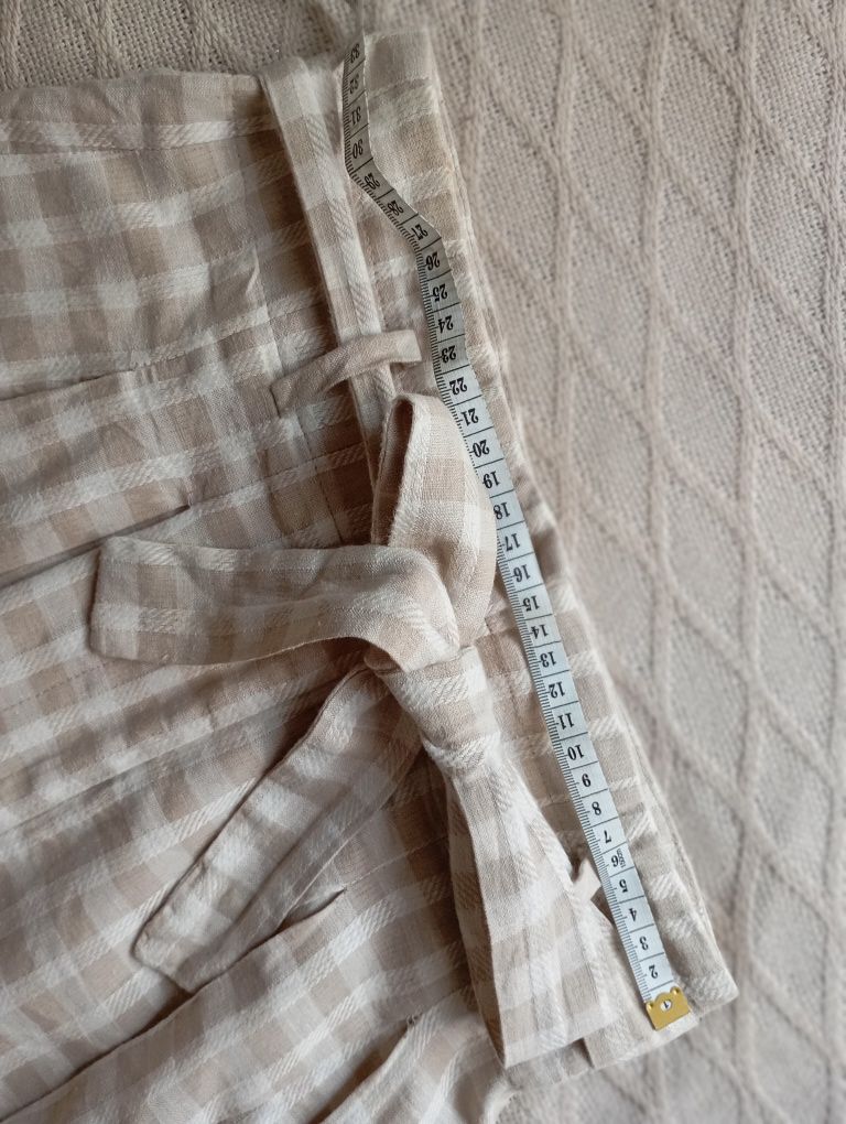 ZARA XS spodnica spodenki beżowe w kratkę len bawełna