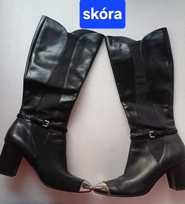 Buty, kozaki skórzane,  39 , szeroka łydka okazja
