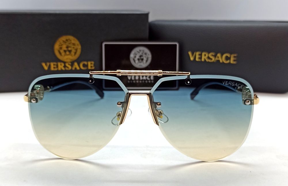 Versace очки унисекс солнцезащитные модные сине бежевые в золот метале
