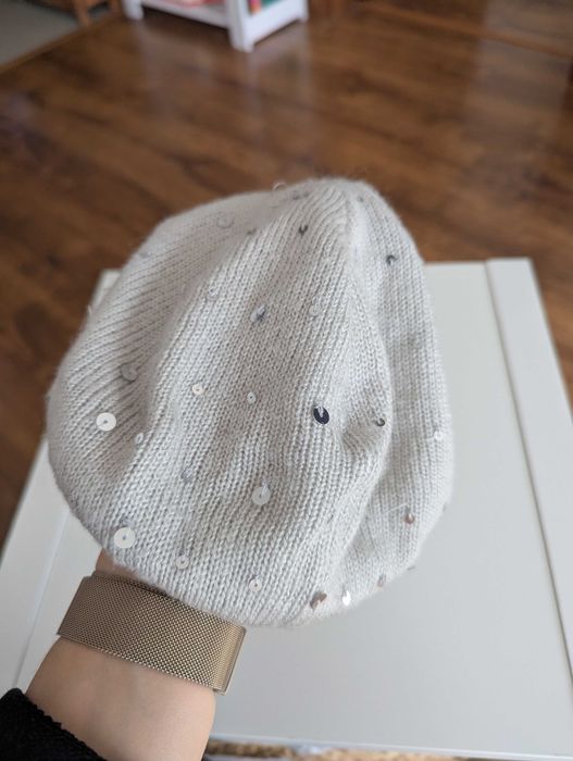 Czapka - beret  szary z cekinami na jesień - 152-170 h&m