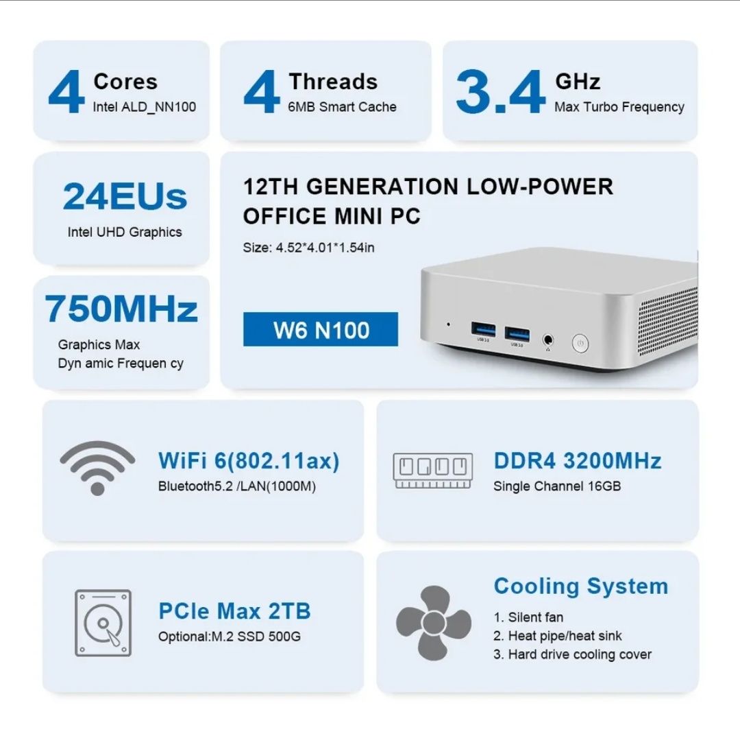 SZBOX W6 Alder Lake-N100 MINI PC SO-DIMM DDR4 3200MHz 16GB 256GB NVMe