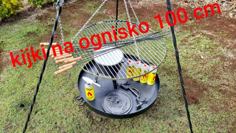 GRILL Ogrodowy TRÓJNÓG średnica 70 Ruszt Niklowany OGNISKO Palnik gaz