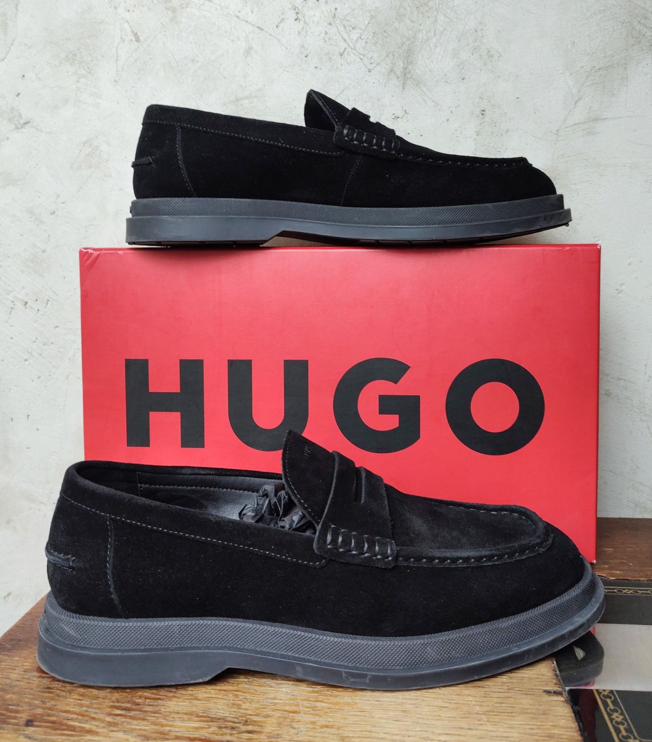 HUGO__buty / mokasyny (43 / 27,5cm) męskie loafers czarne  wesele lato