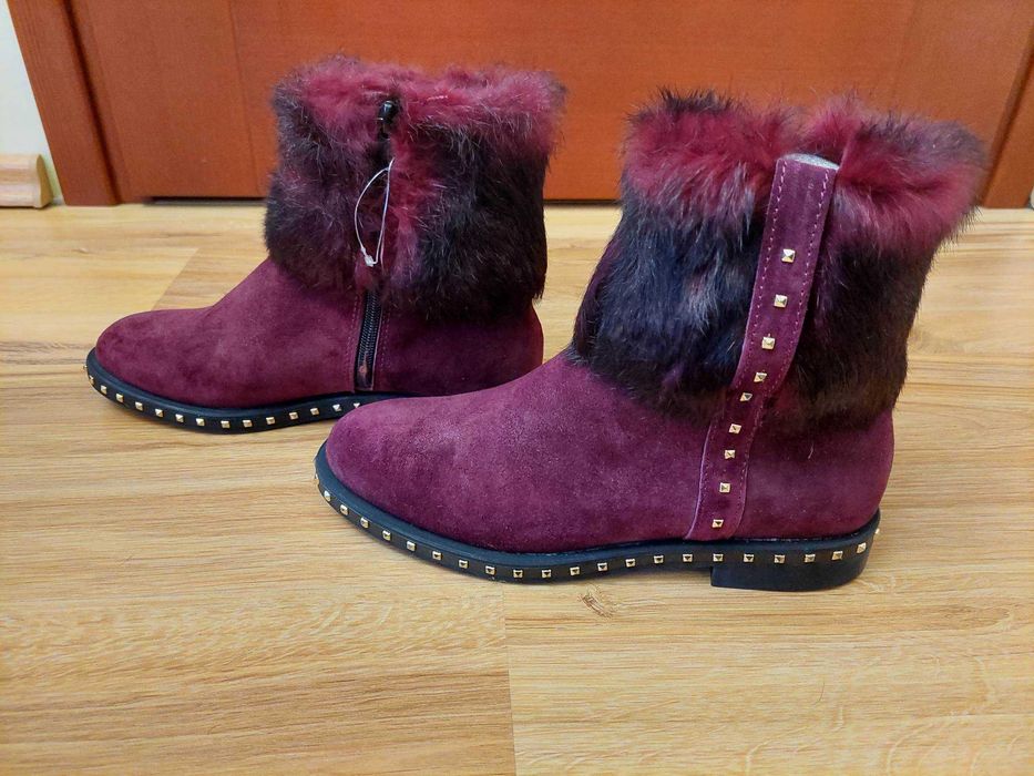 botki salamander 37 skórzane burgund naturalne futro zamszowe na zamek