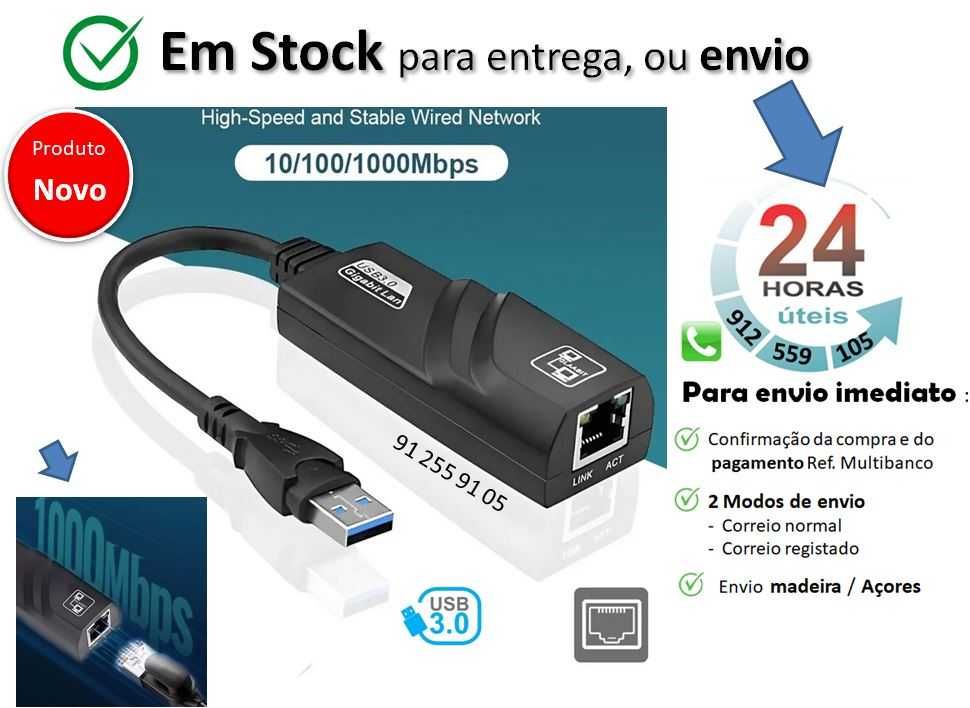 Adaptador USB 3.0 com Rede RJ45 1000Mbps