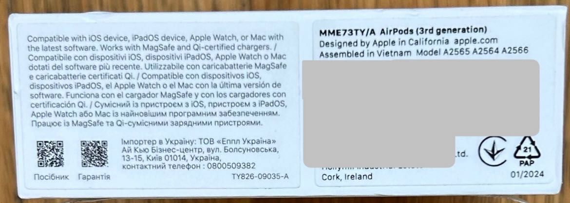 Auriculares Apple AirPods (3.ª geração)- novos, 3 anos de garantia