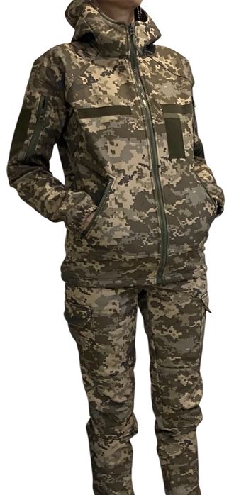 Жіноча військова осіння тактична куртка  софтшелл на флісі Піксель