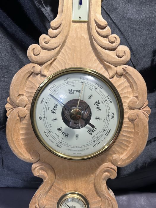 Barometr, higrometr, termometr – Rzeźbiona drewniana oprawa HMH 1994