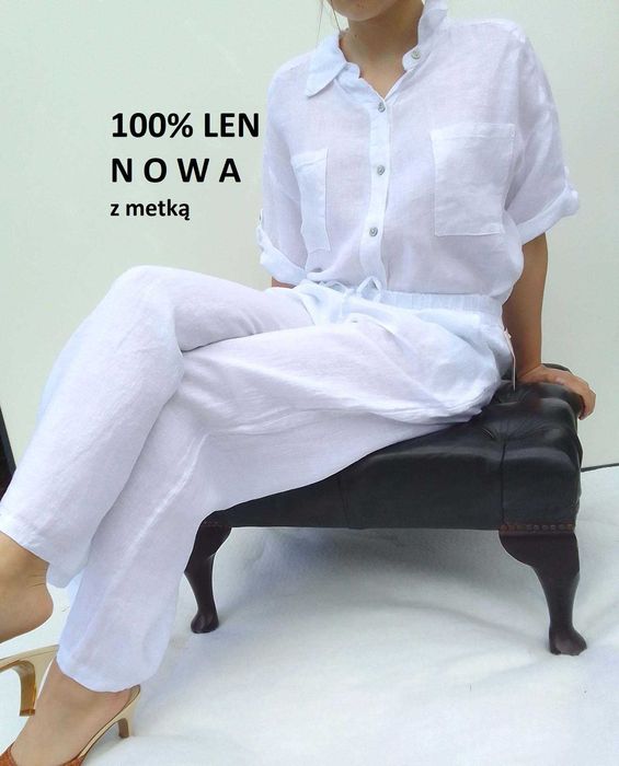 Nowa lniana biała koszula bluzka 100% len puro lino S M L uniwersalna