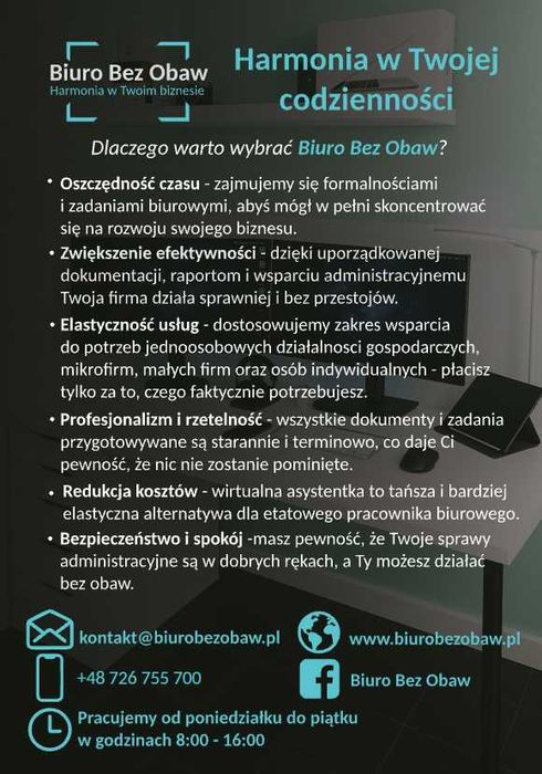 Wirtualna Asystentka– Biuro Bez Obaw |Wsparcie administracyjno-biurowe