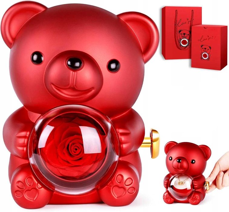 Miś z wieczną różą walentynki zaręczyny prezent pudełko na biżuterię