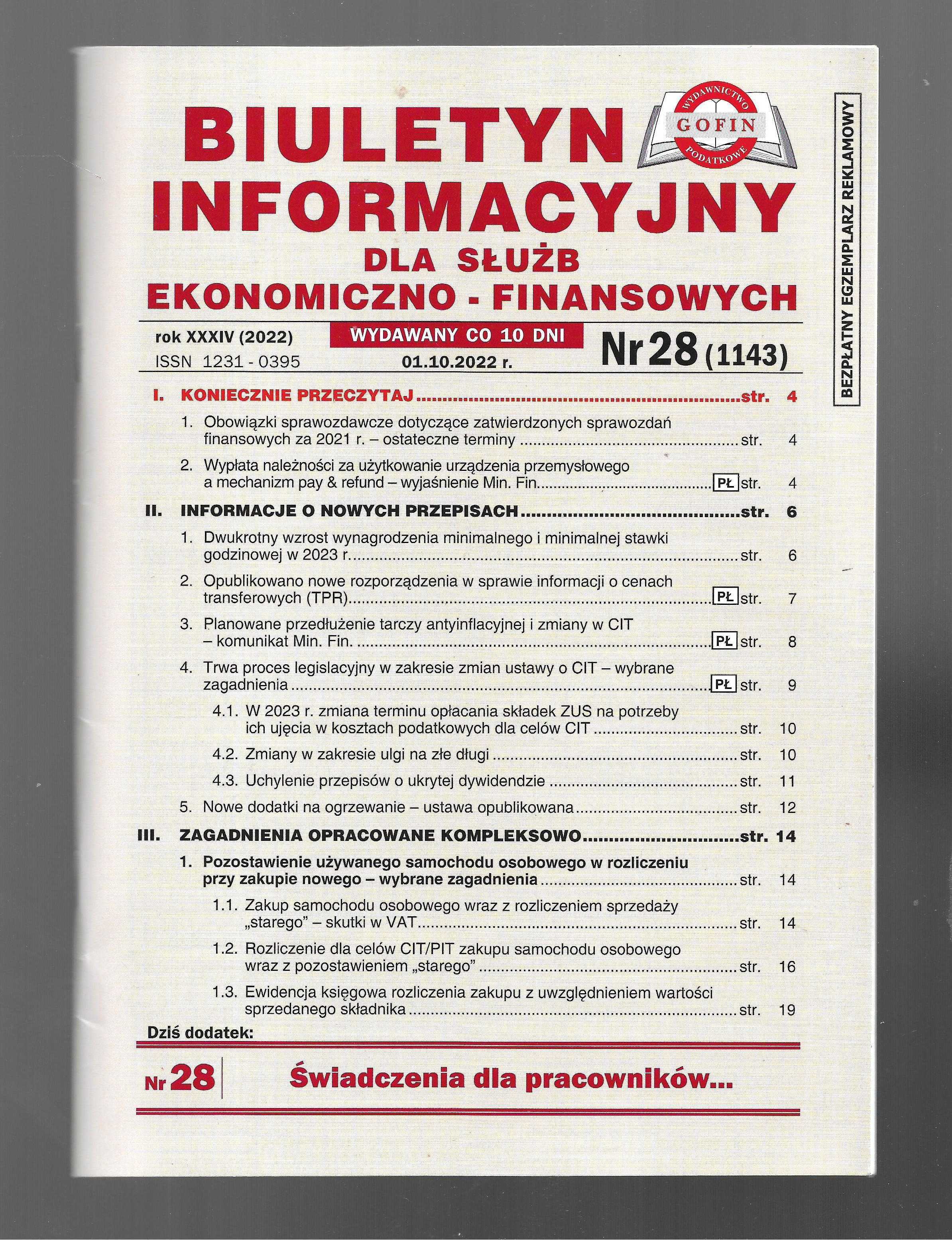 Biuletyn dla służb ekonomiczno finansowych nr 28/2022