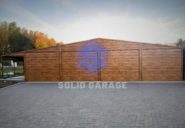 Blaszany garaż 14x6m z wiatą, kojec schowek drewnopodobny (13x7 12x6)