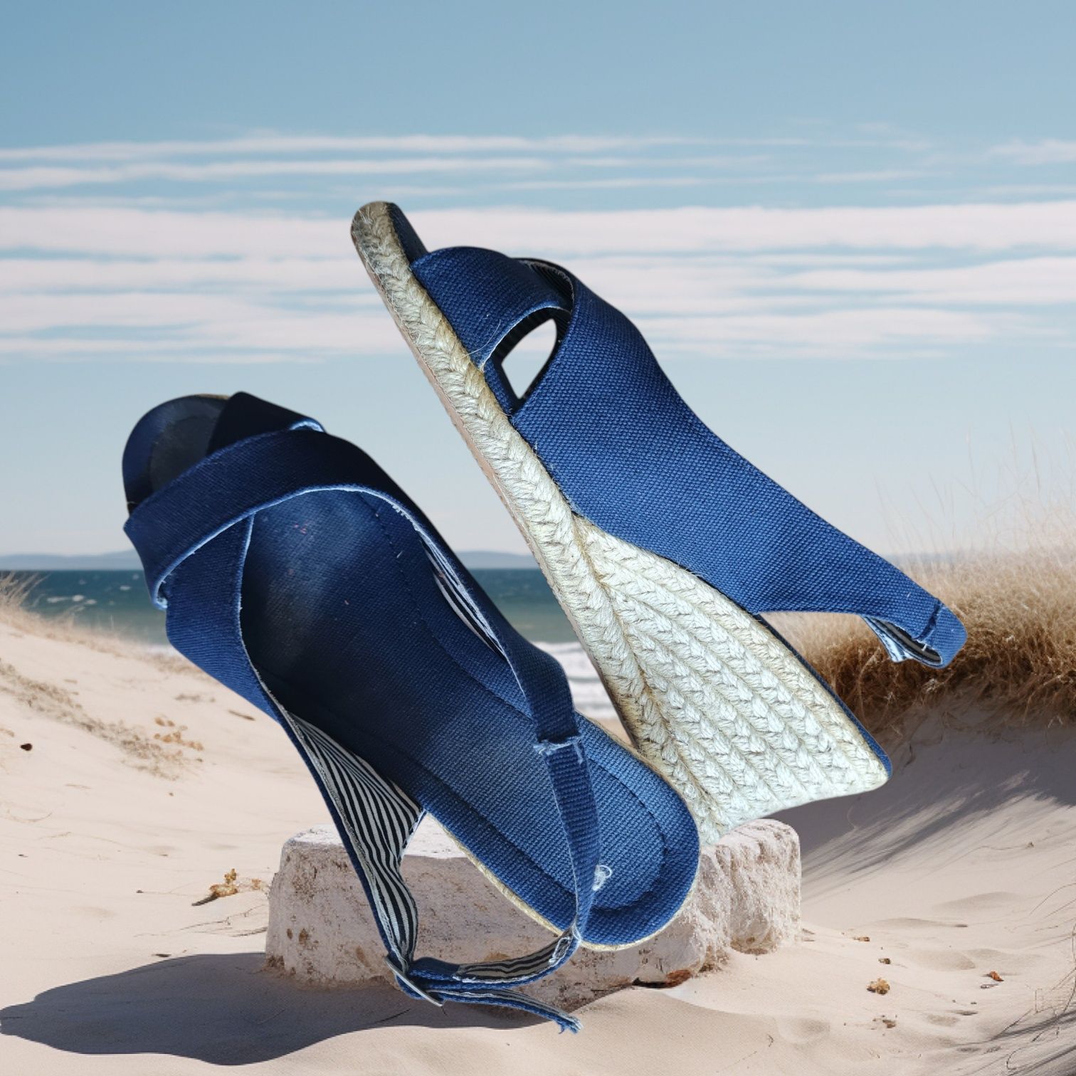 Sandały espadryle granatowe marynarskie paski koturn r. 38 bawełna