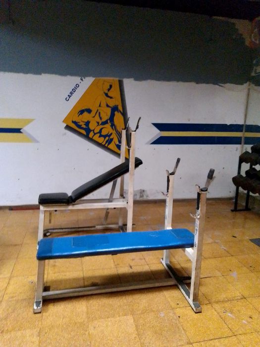 Banco de peito horizontal azul / barra com pesos