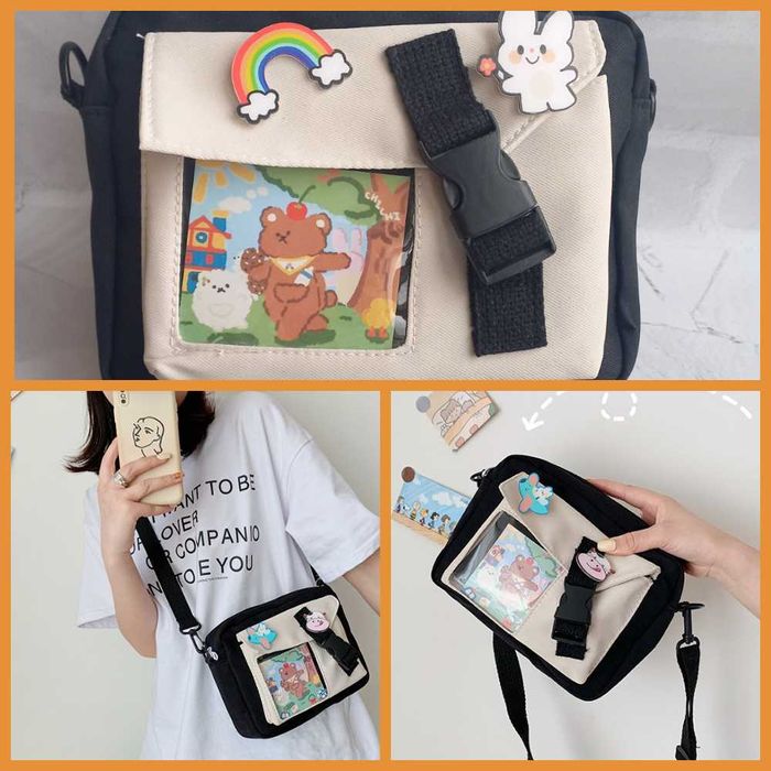 Сумка зі значками, аніме стиль Kawaii Y2K зелена, чорна, блакитна, беж