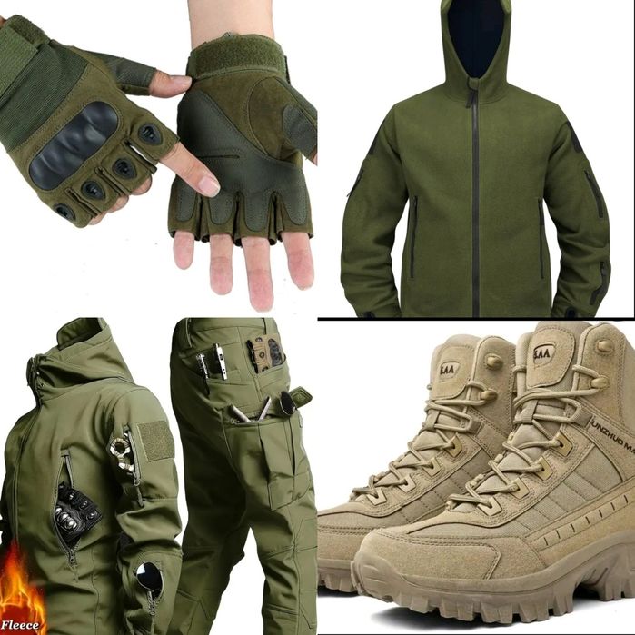 Тактичний костюм soft shell на флісі, берці, перчатки, кофта, бананки
