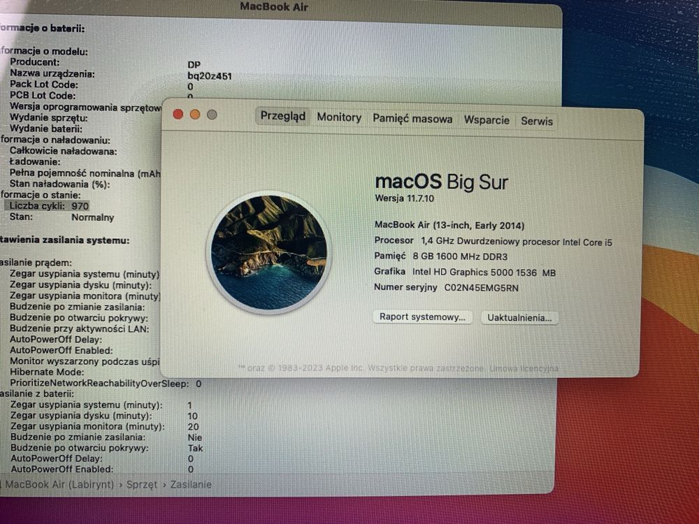 Laptop Apple Macbook Air A1466 i5 8GB RAM DDR3 MacOS Big Sur ładowarka