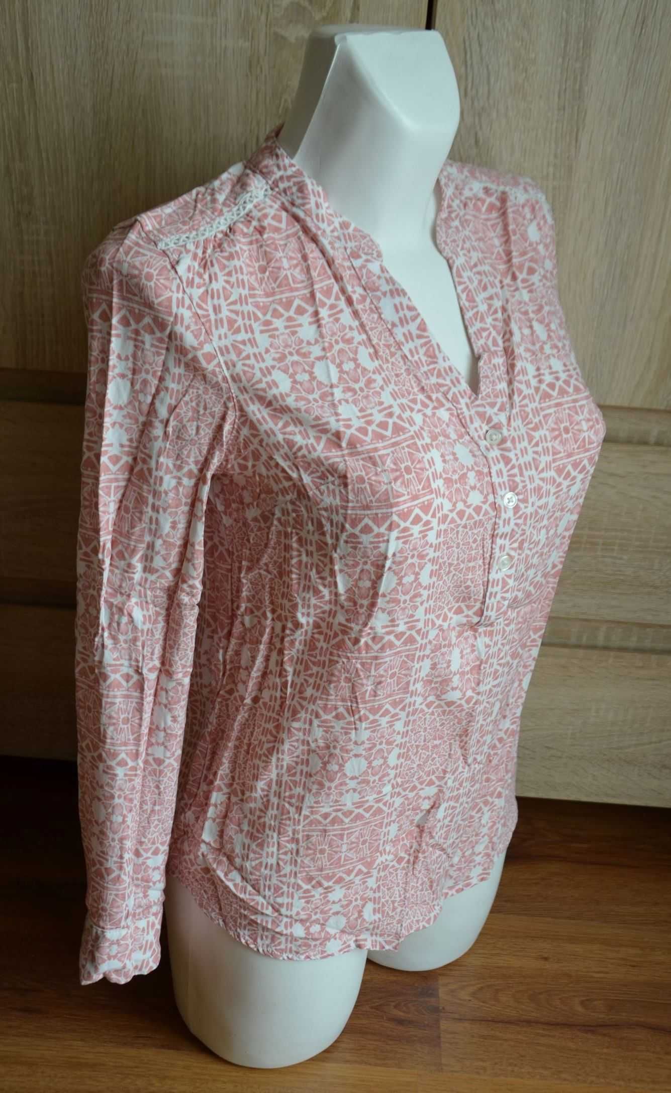 Koszula bluzka różowa biała wiskoza z długim rękawem 34 36 XS S