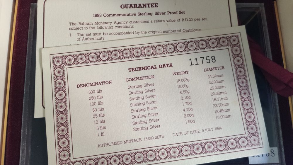 Coleção completa e certificada de 8 moedas de prata de Bahrain de 1983