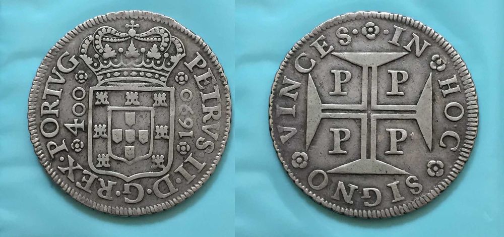 D. PEDRO II Cruzado Novo (480 Réis)  PORTO 1690 - Eixo Vertical