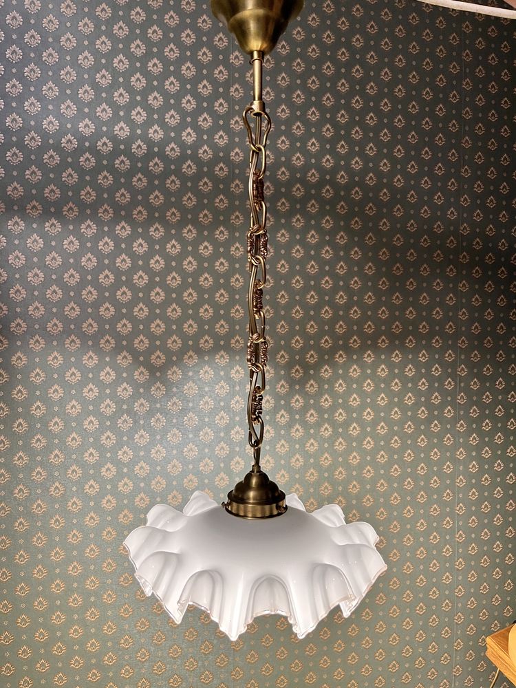 Stara lampa wisząca kuchenna art deco biała zwis mosiężna antyk