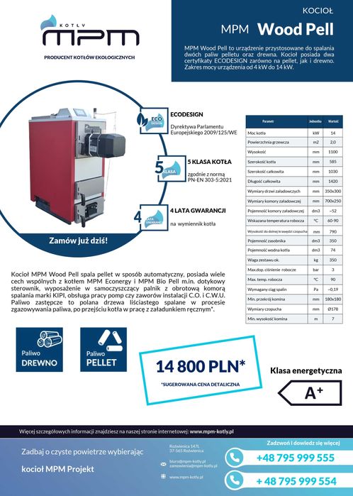 Kocioł uniwersalny na pellet i drewno MPM Wood Pell 14 kW