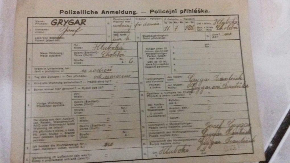 Karta meldunkowa z 1941 roku pochodzi z terenow Czech