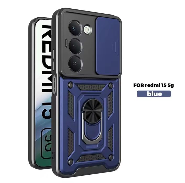 Противоударный чехол с кольцом на Xiaomi Redmi 15 со шторкой чохол