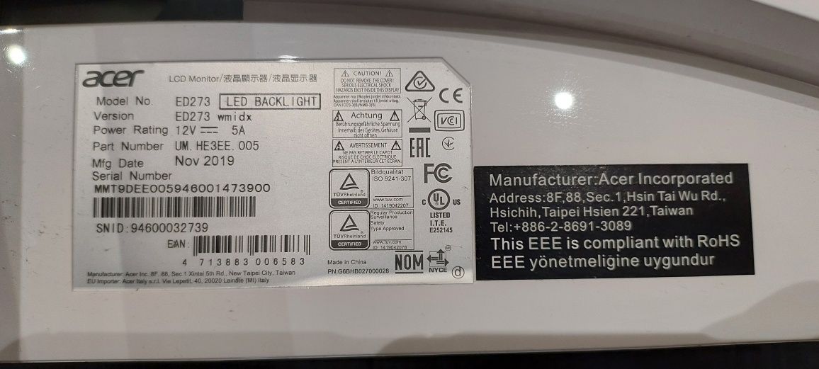 Monitor Acer ED273WMIDX Zakrzywiony 27" cali