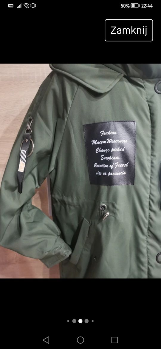 Kurtka zimowa zielona khaki z aplikacjami za tylek asymetryczna XL 42