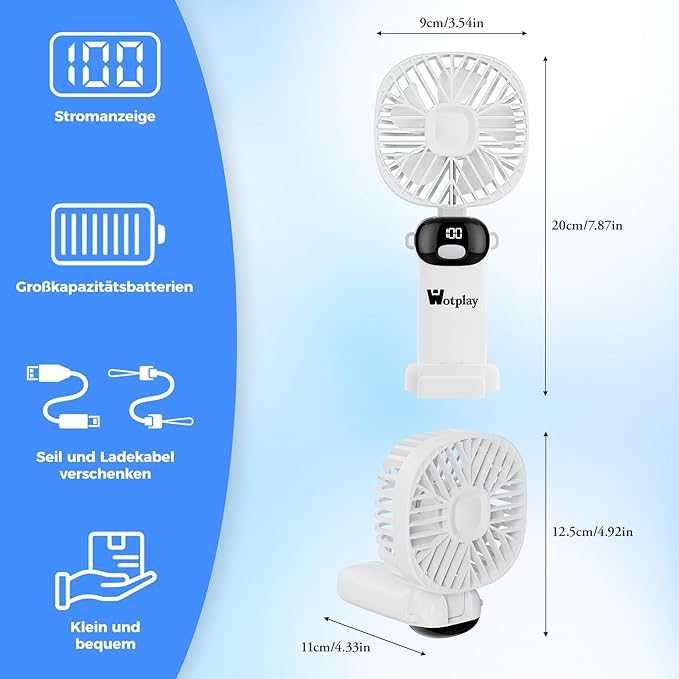 Składany ręczny mini wentylator, 5 trybów, smycz, ładowanie USB, 1 szt