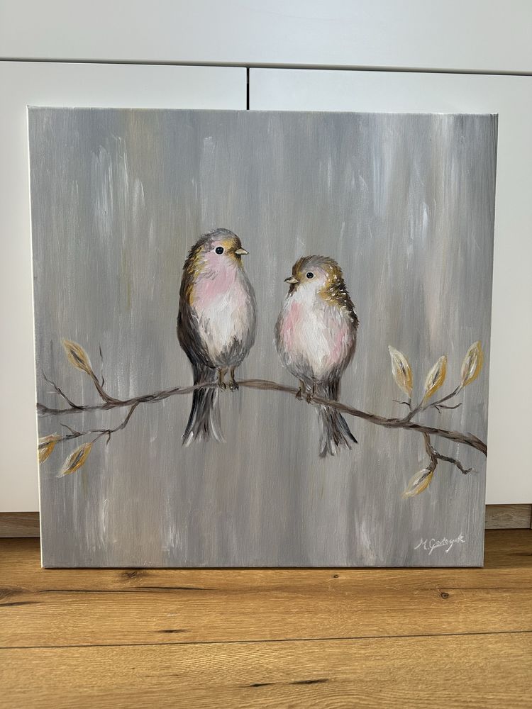 Obraz 60x60 cm ptaki na szarym tle na gałęzi farby akrylowe