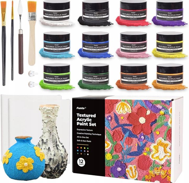 Farby teksturowe akrylowe strukturalne 3D do malowania 12 kolorów + pł