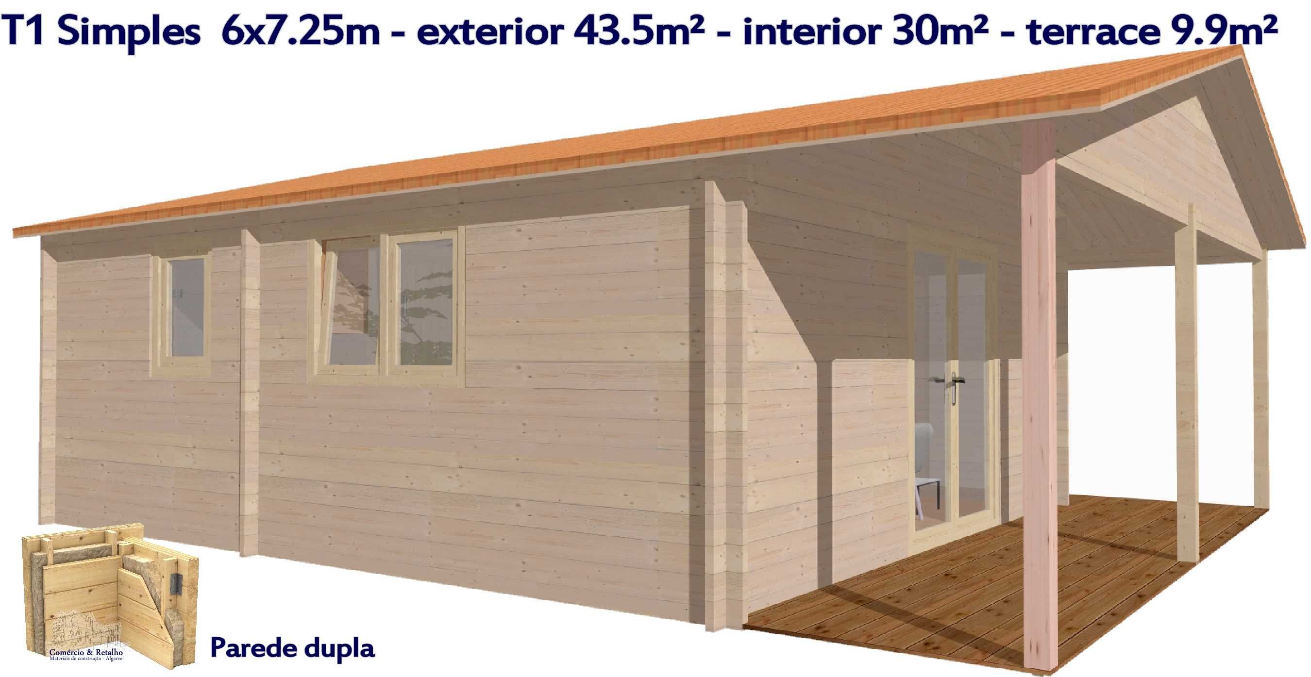 T1 "SIMPLES" total 46m² - interior 30m² Casa de madeira Pré fabricada