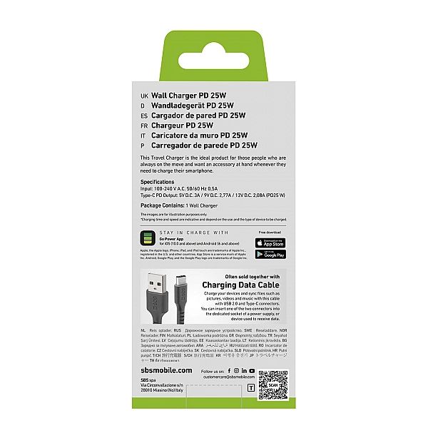 Ładowarka sieciowa SBS TETR1CPD25/25W USB-C z Power Delivery - czarna
