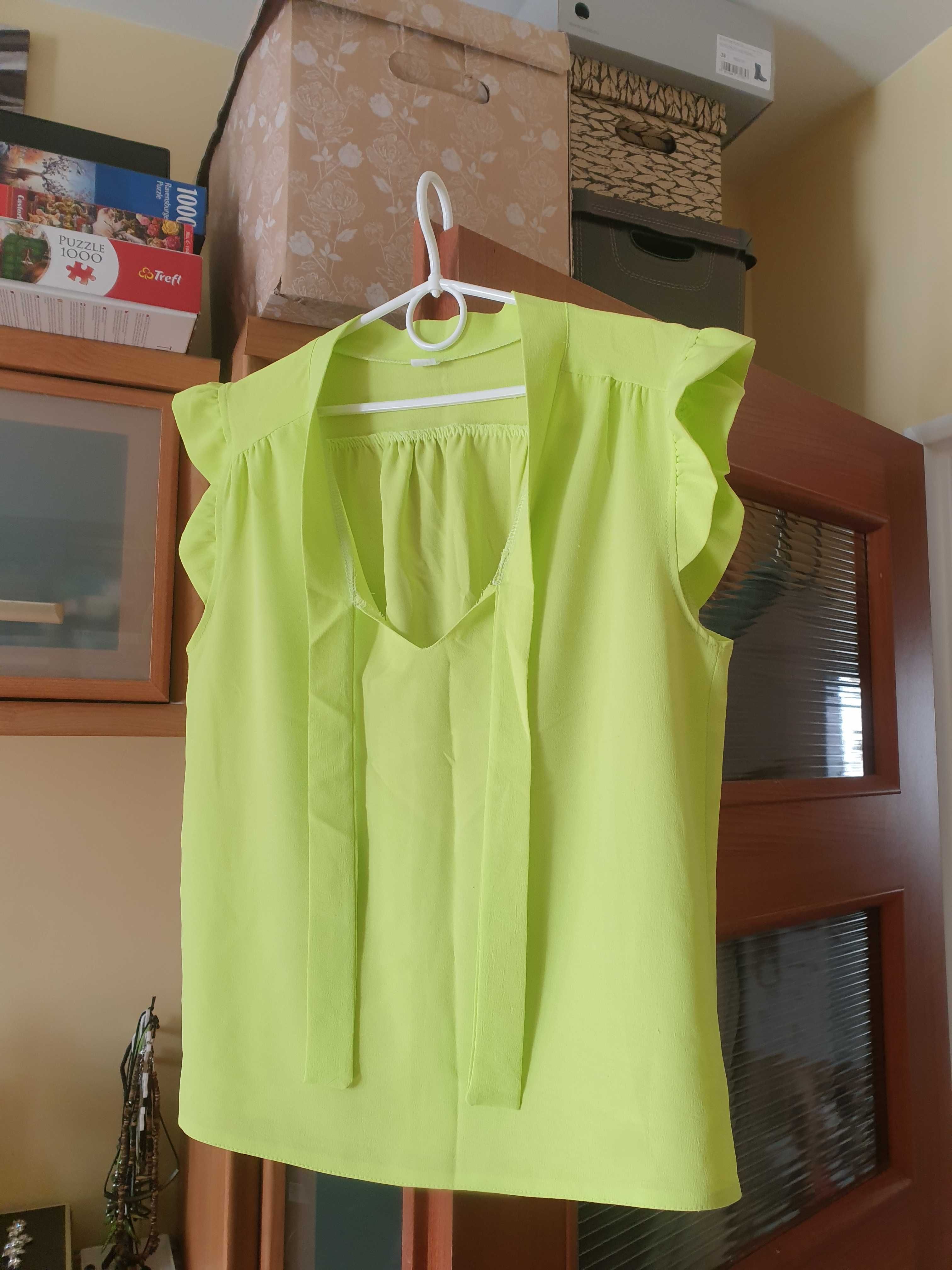 Limonkowa neonowa luźna bluzka z żabotem