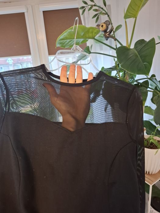 Bluzka S - M Czarna z siateczką długi rękaw pod żakiet na codzień